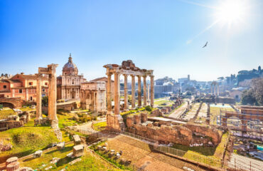 View of the ruins of the Roman Forum and the columns of the Temple of Saturn